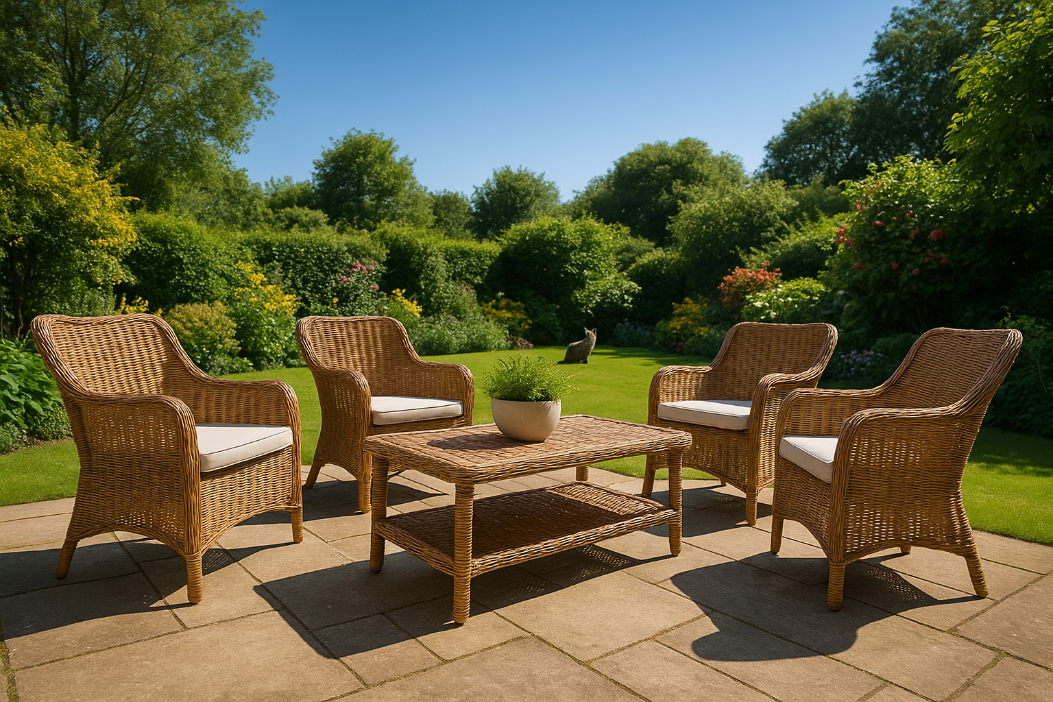 Table basse et chaises extérieur rotin jardin