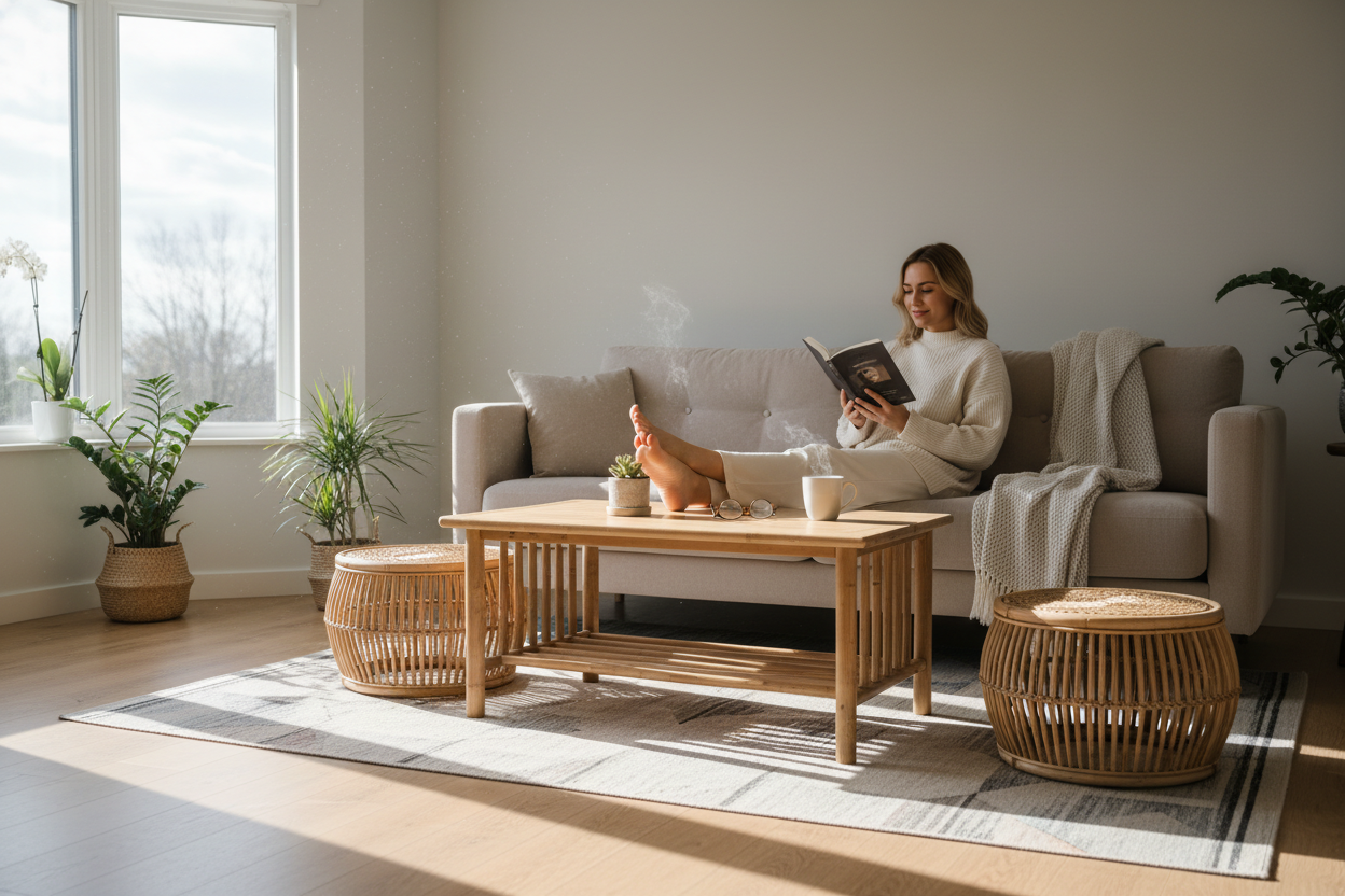 femme détendue salon meuble bambou