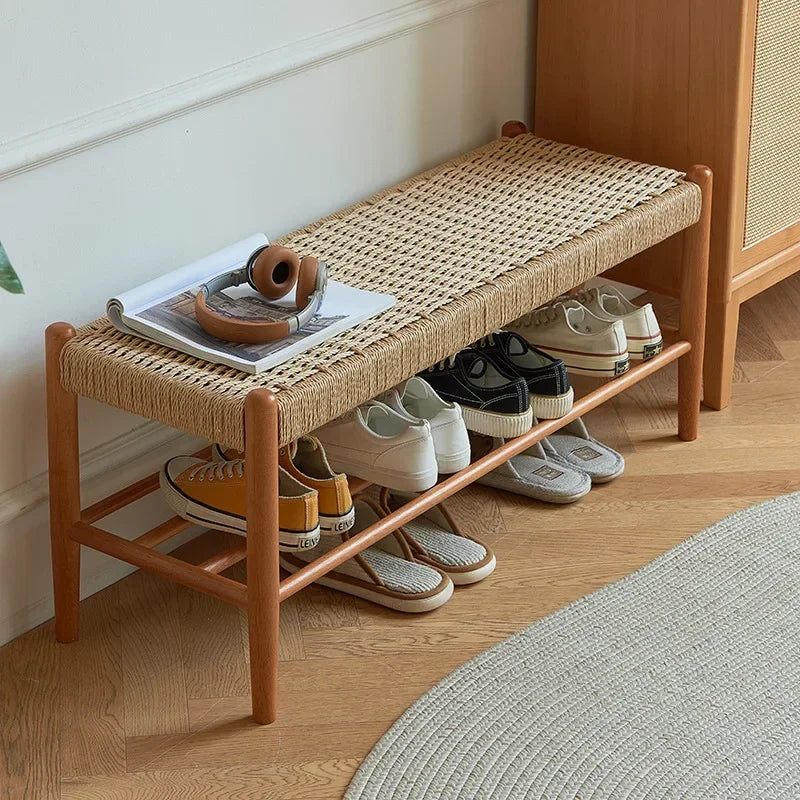 Banc rangement chaussures en rotin