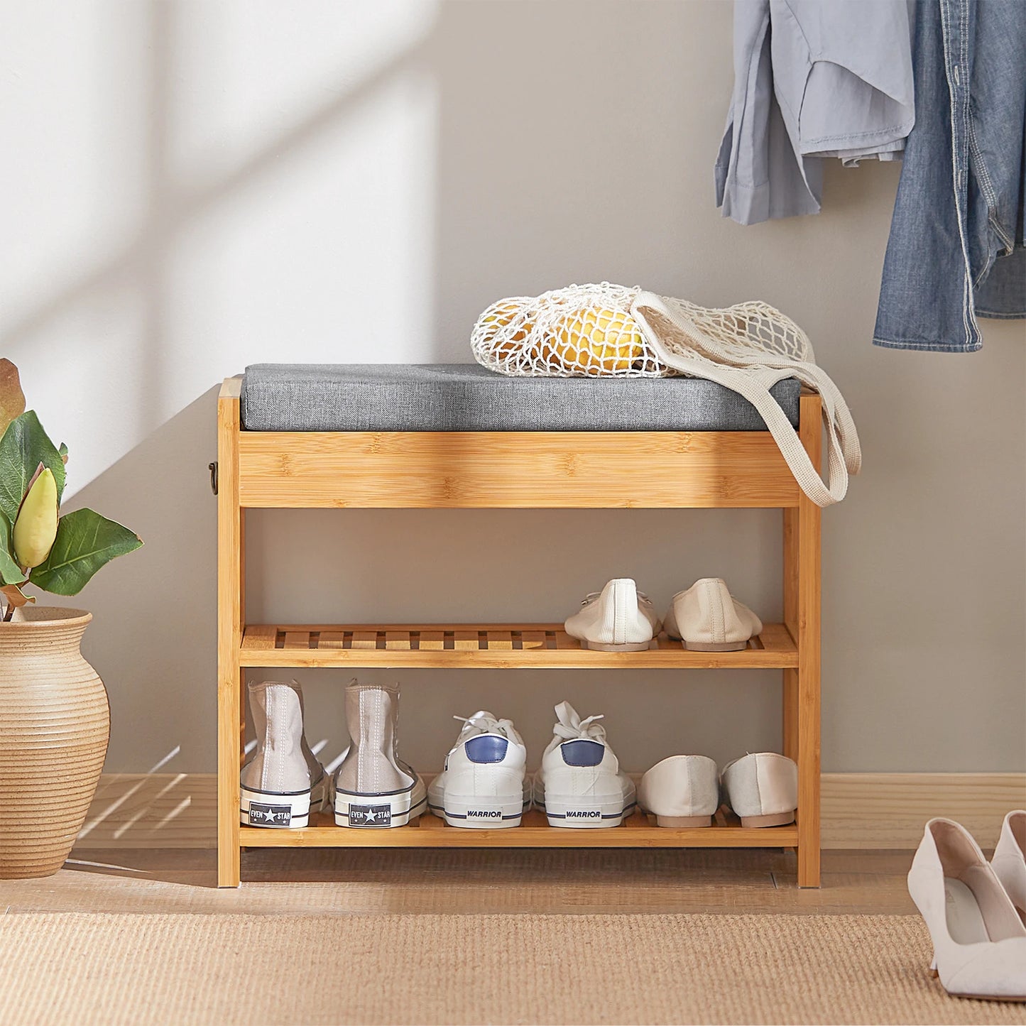 Banc rangement chaussures avec assise et tiroir en bambou