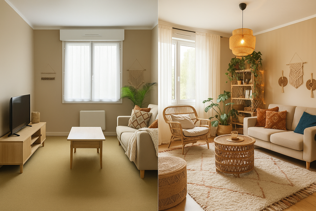 Avant/après transformation salon avec rotin