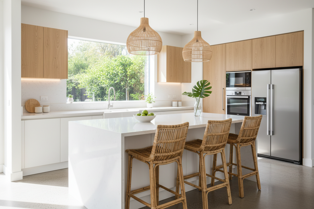 cuisine ouverte avec comptoir et chaises hautes en rotin
