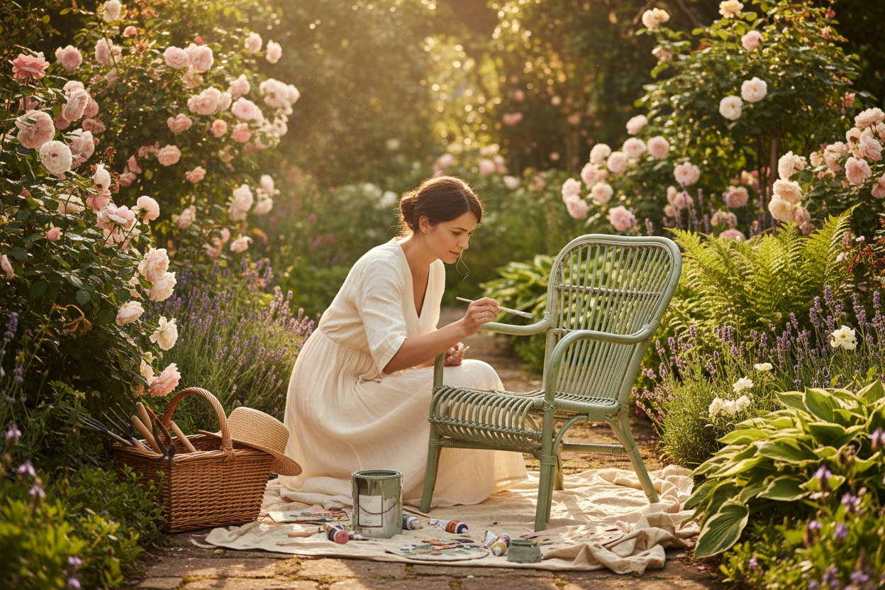 femme peint fauteuil rotin DIY