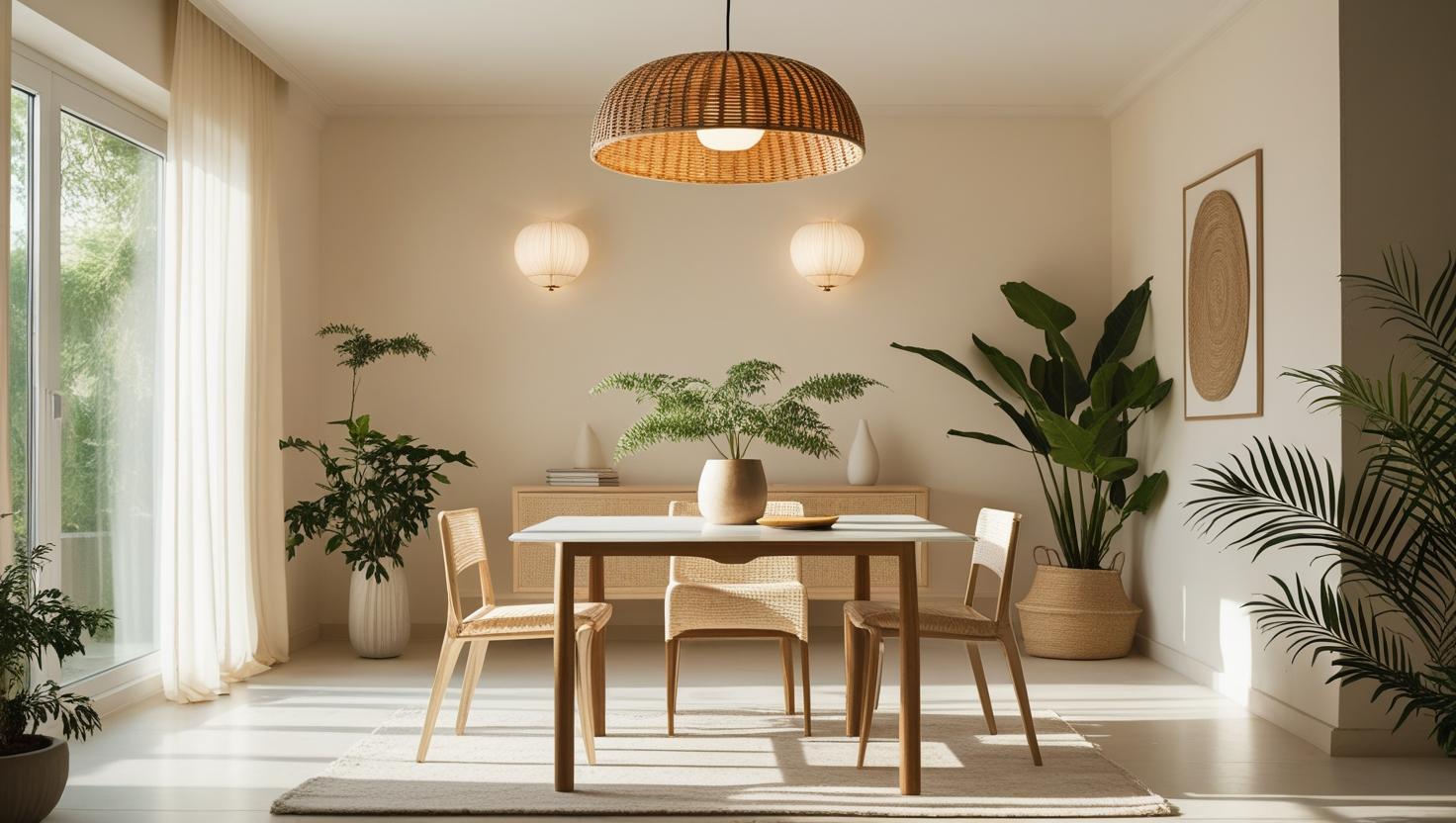 Plafonnier rotin dans salle à manger