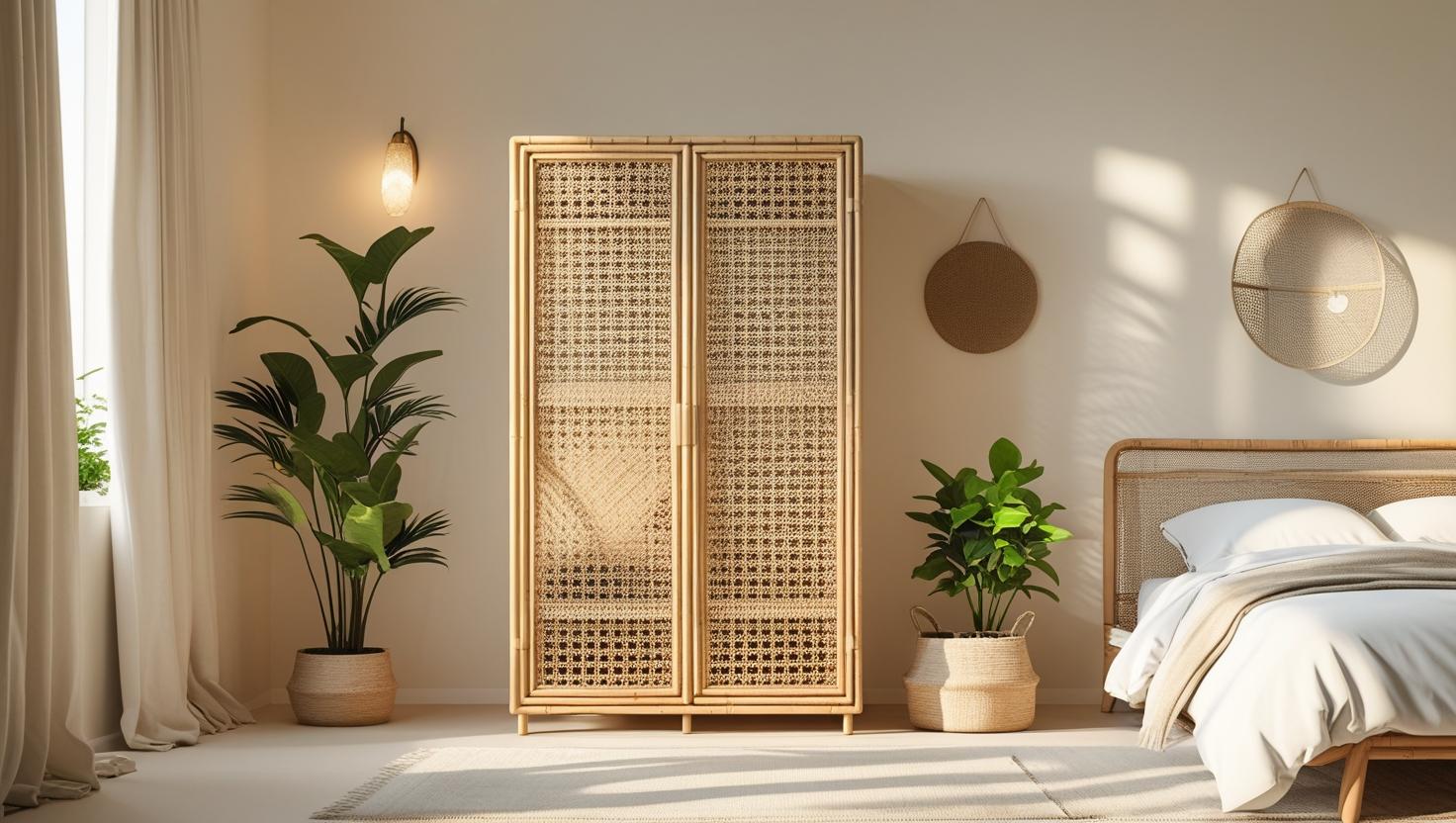 Armoire rangement rotin dans chambre