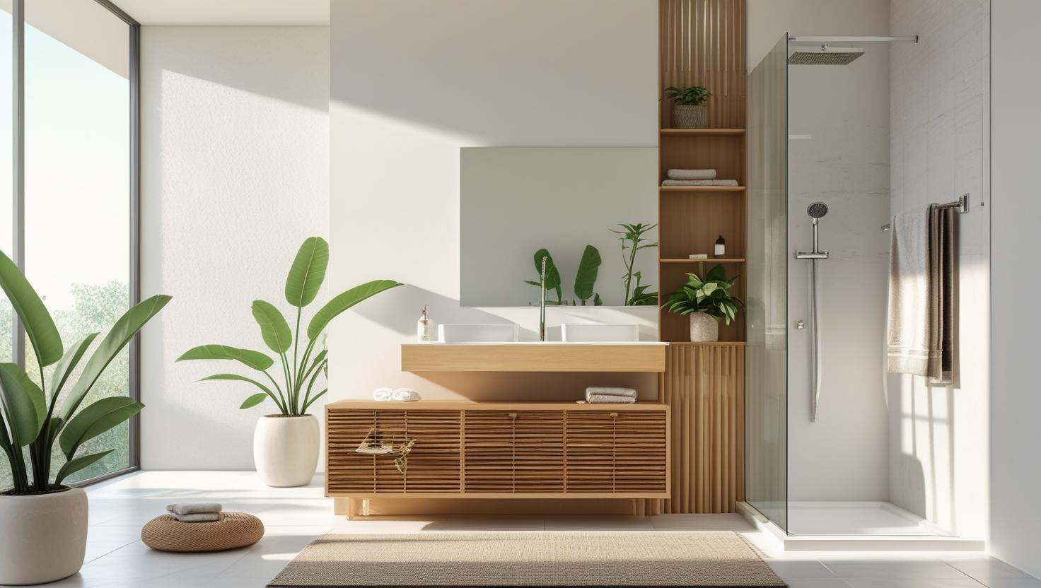 Meuble rangement en bambou dans salle de bains