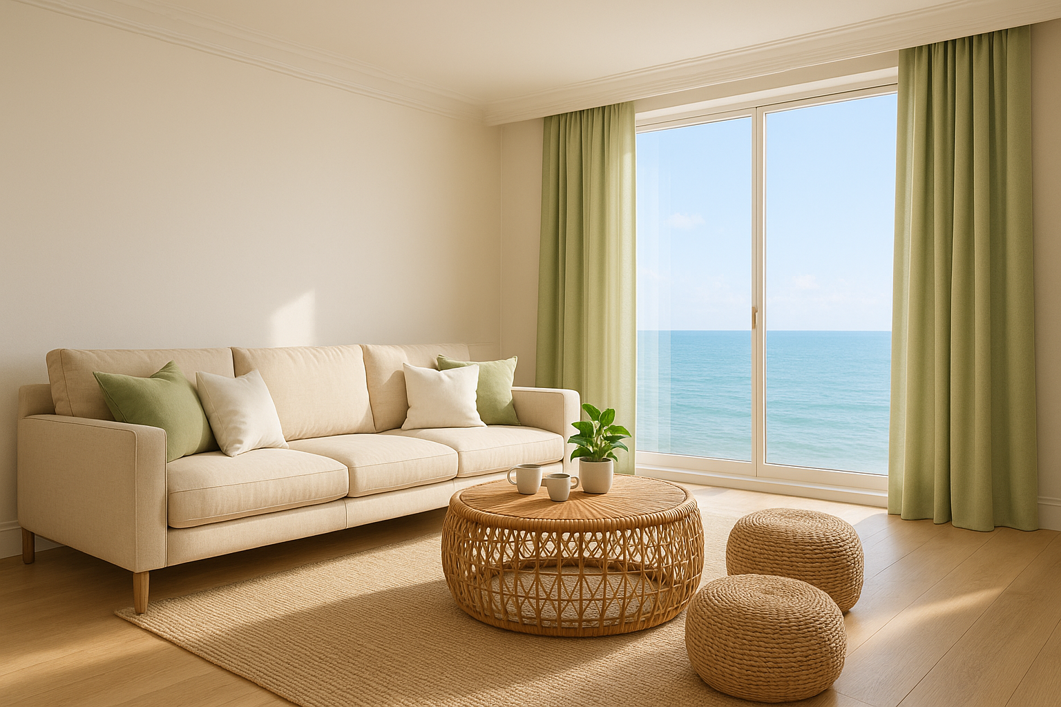 Salon avec mobilier en rotin vue sur mer