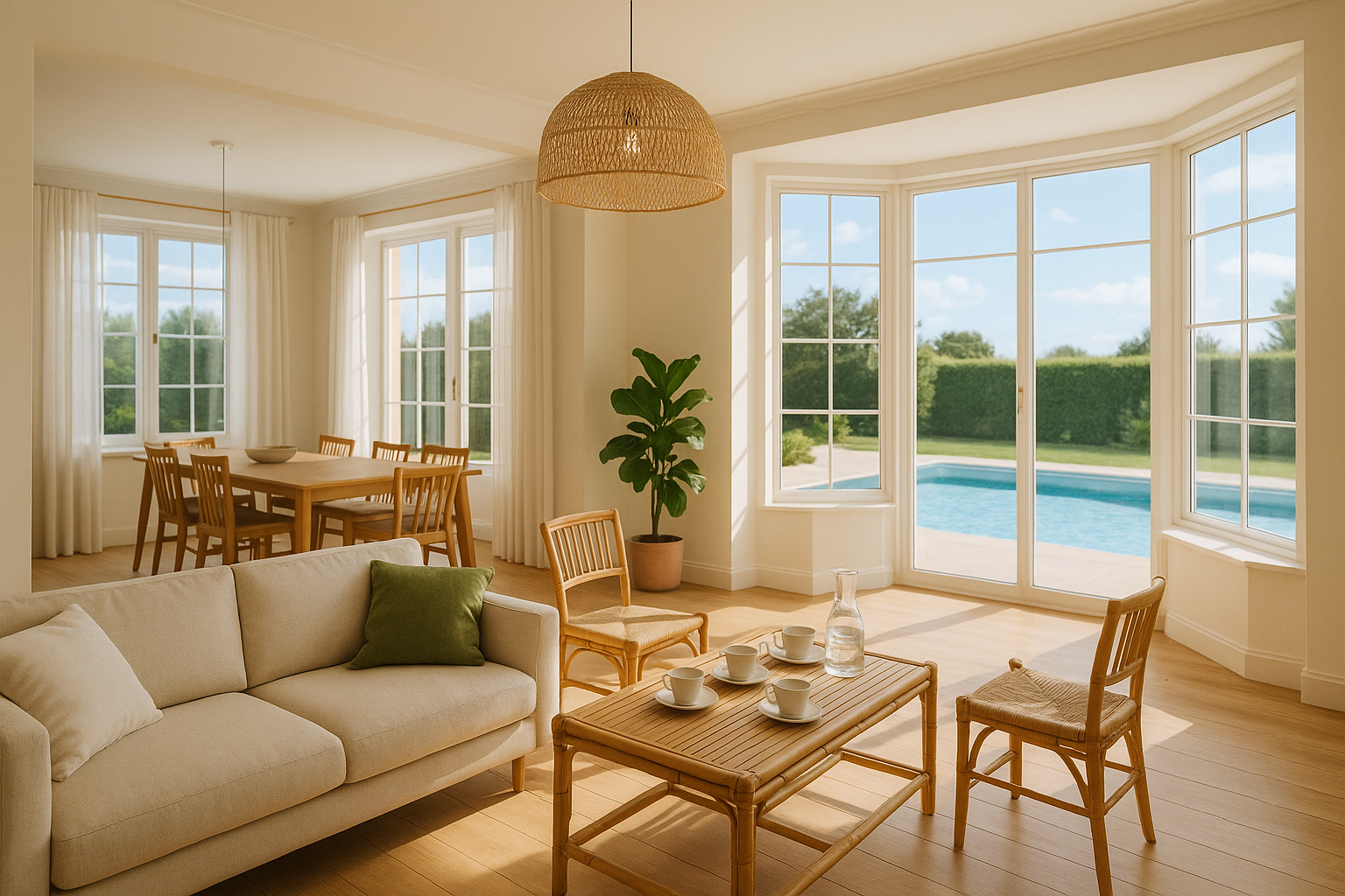 Salon mobilier bambou vue piscine