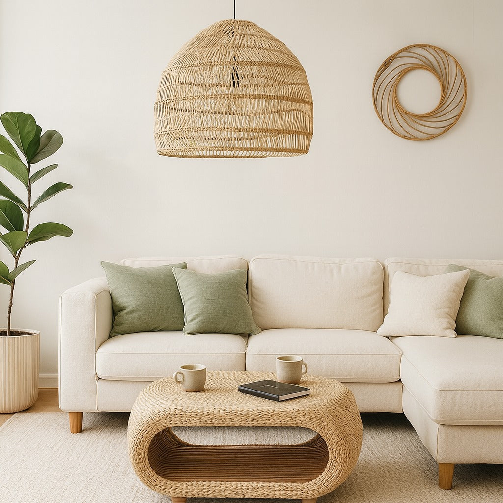 Abat-jour en rotin vue salon moderne