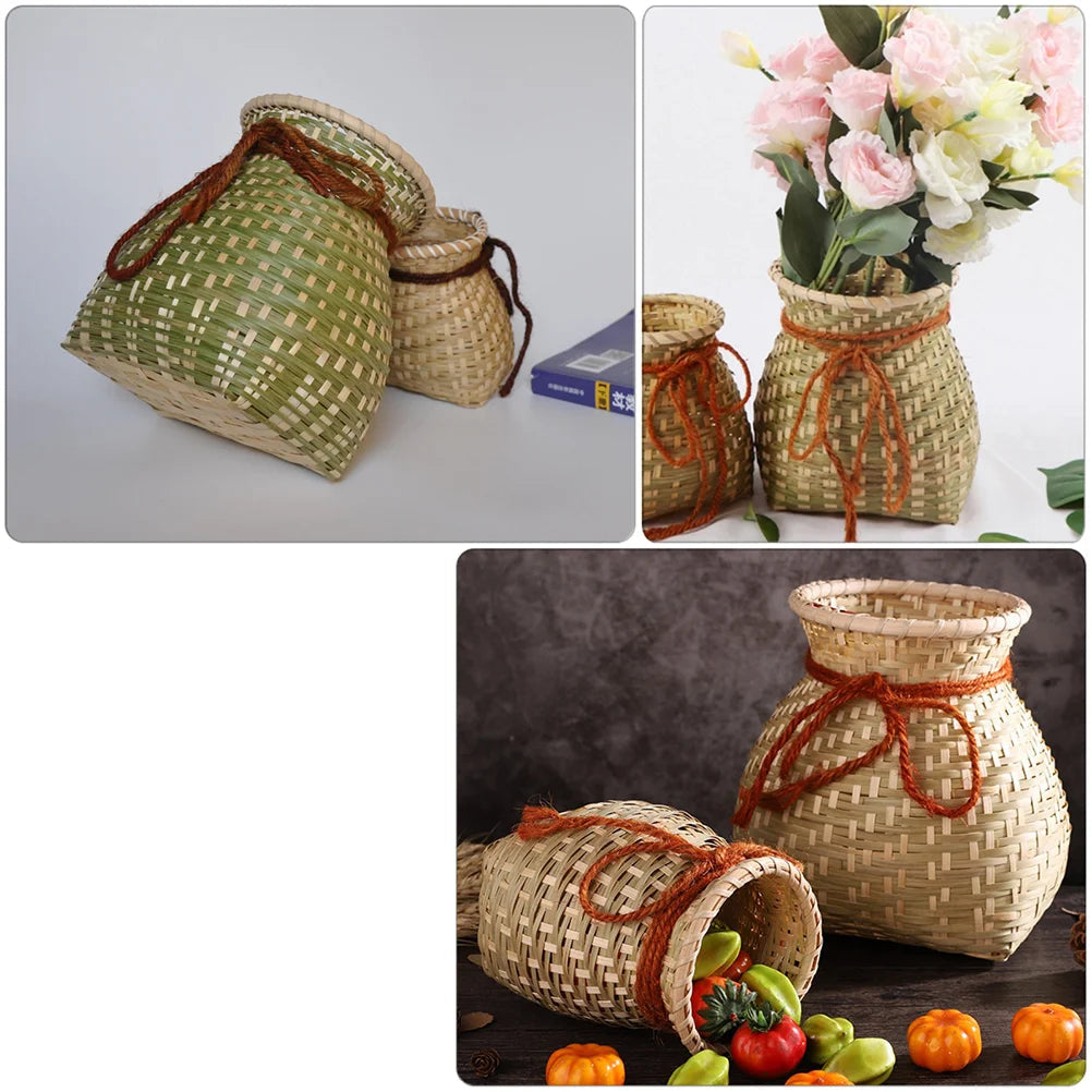 Cache pot panier en bambou avec fruits et fleurs