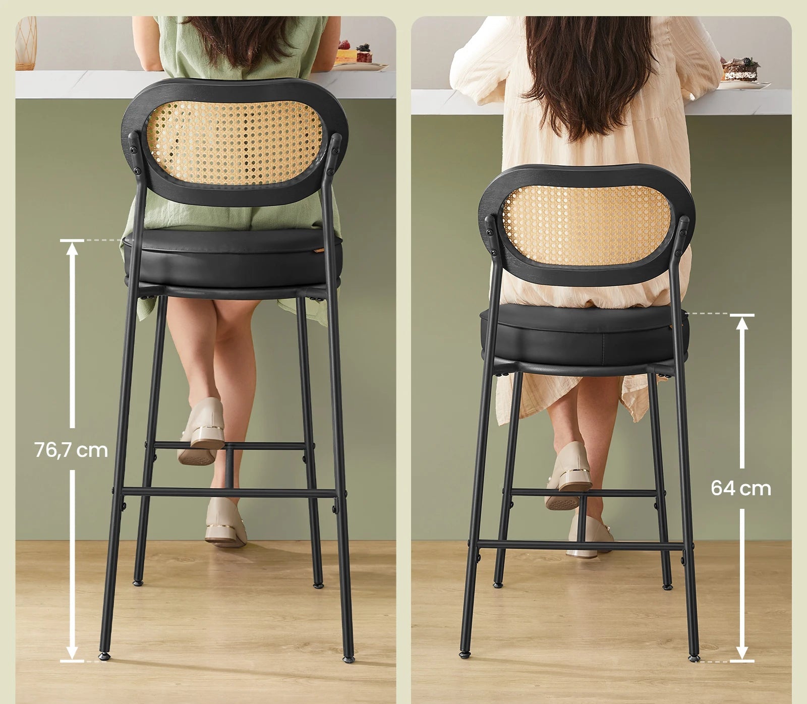 Chaises hautes noires en rotin vue de derriere et dimensions