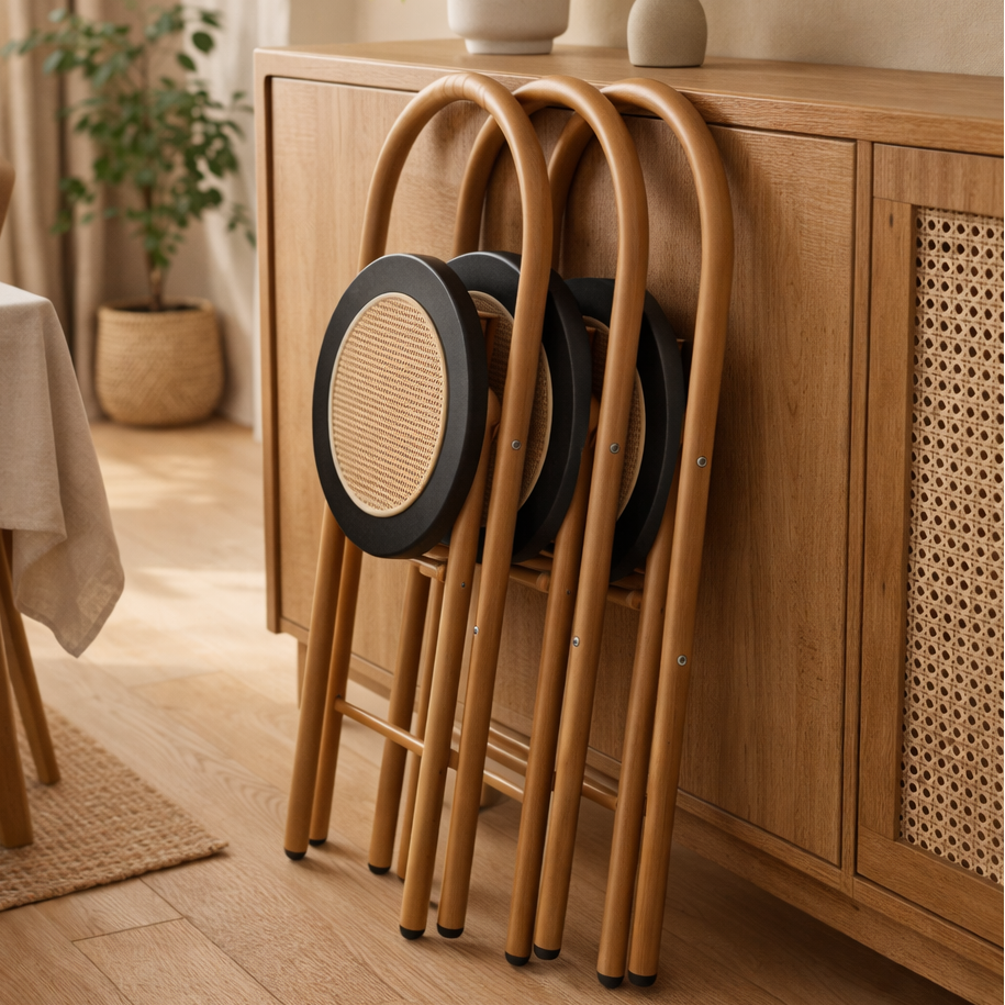 Chaises hautes pliables en rotin rangees