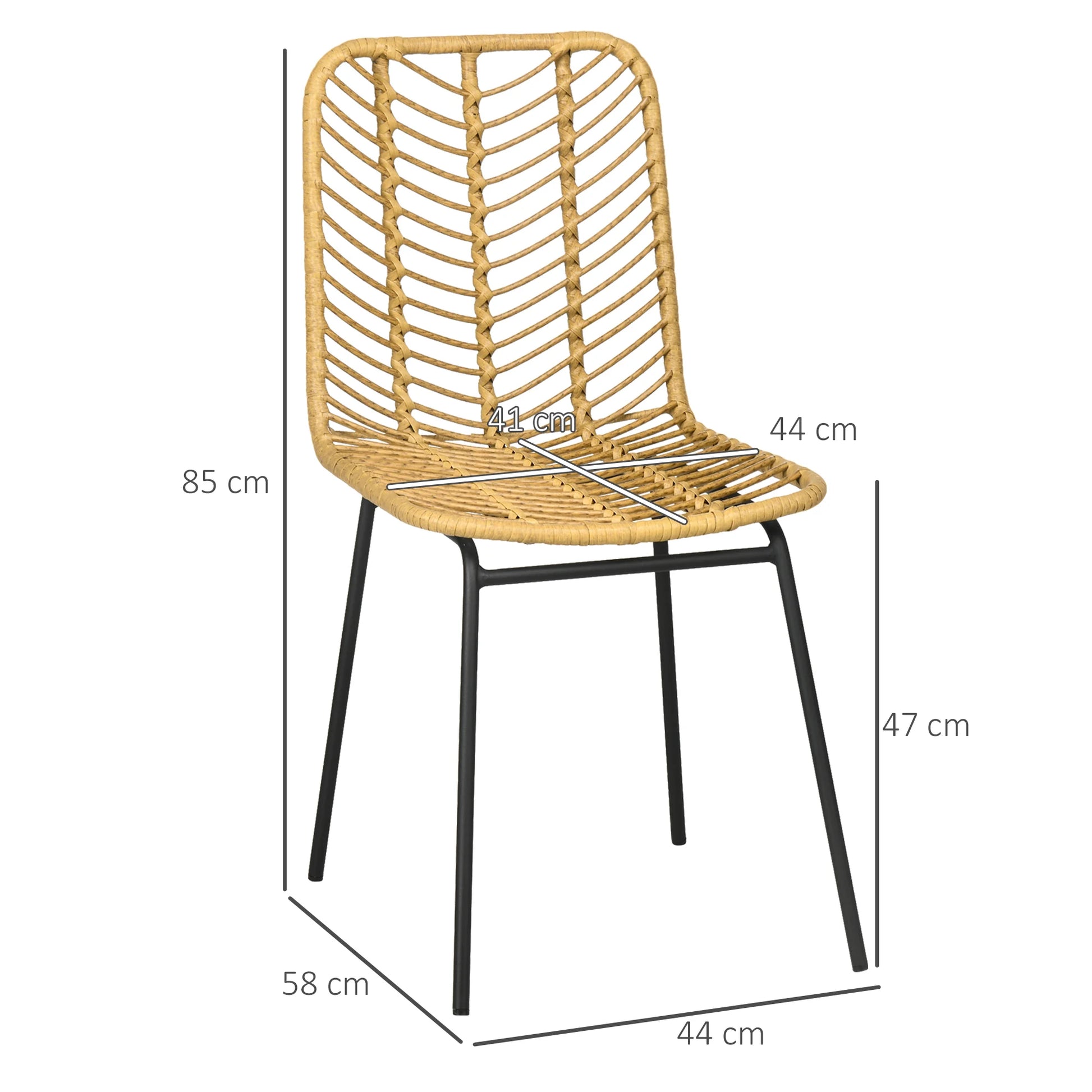 Chaises salle a manger en rotin vue de face avec dimensions