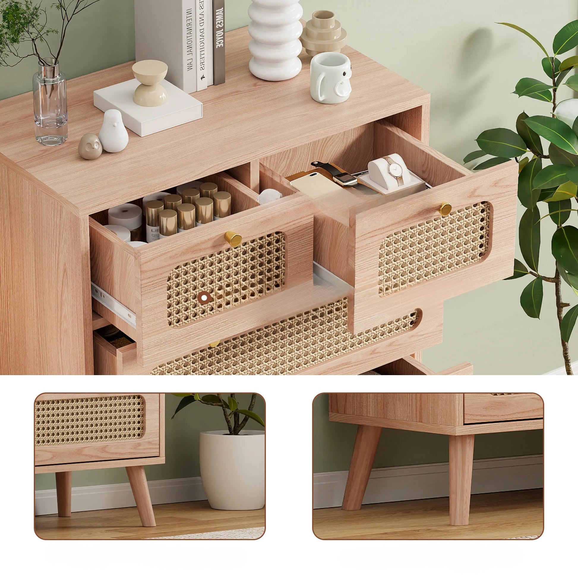 Commode en rotin en détail