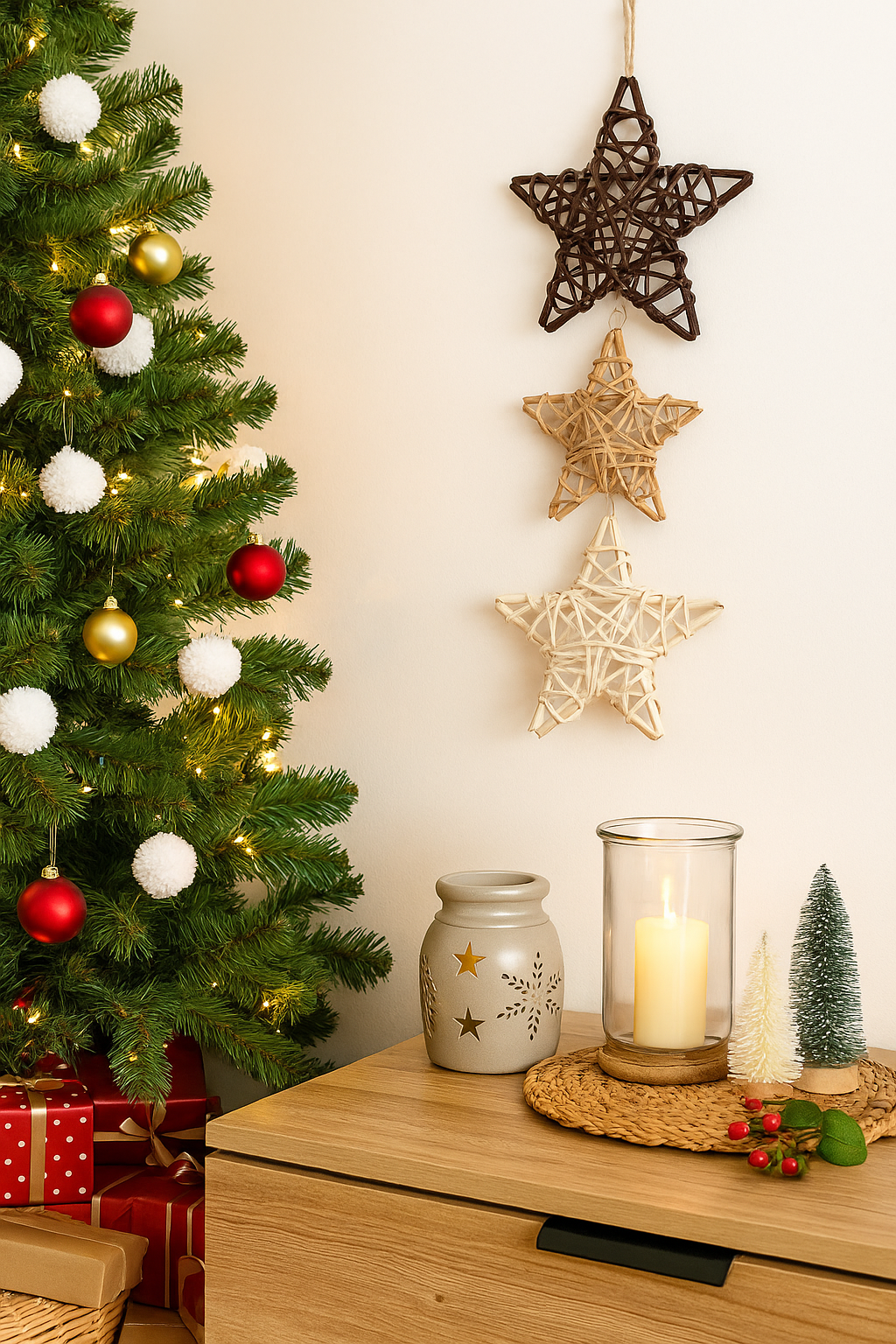 Décoration de noël étoiles en rotin et sapin