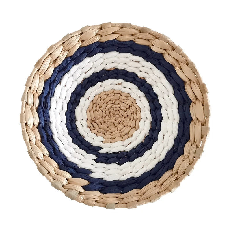 Decoraton murale en rotin bleu et blanc circulaire