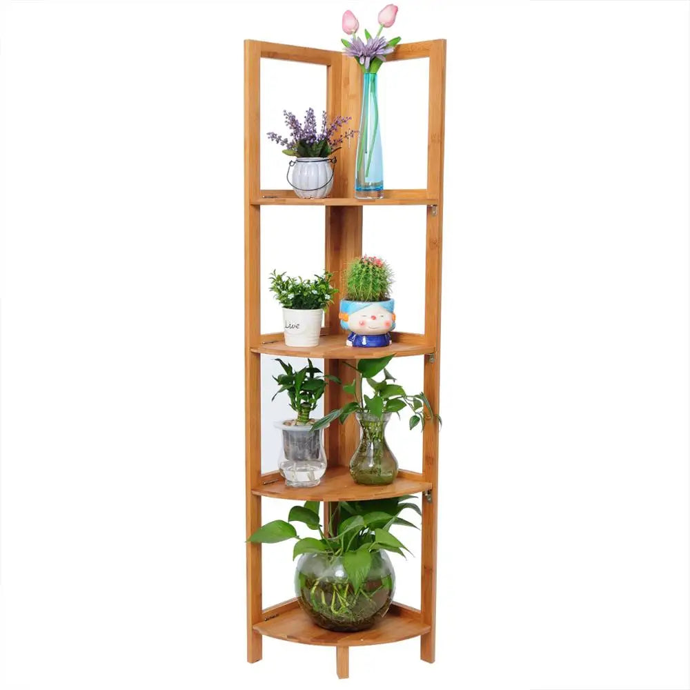 Etagere d'angle en bambou avec plantes