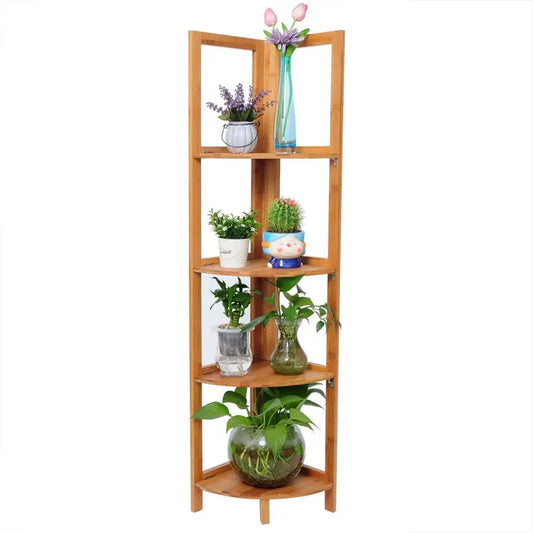 Etagere d'angle en bambou avec plantes