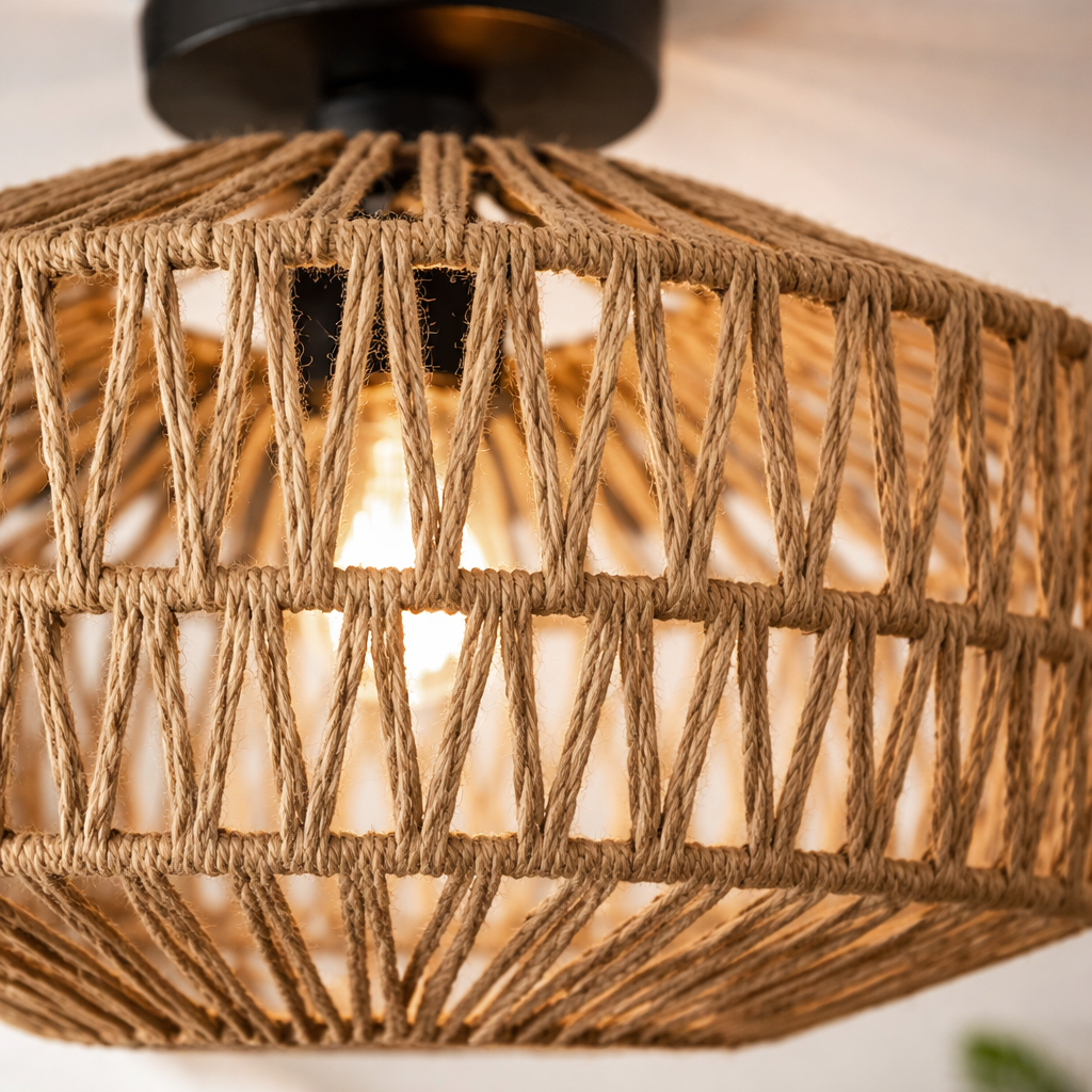 Luminaire plafonnier en rotin tissage vue macro