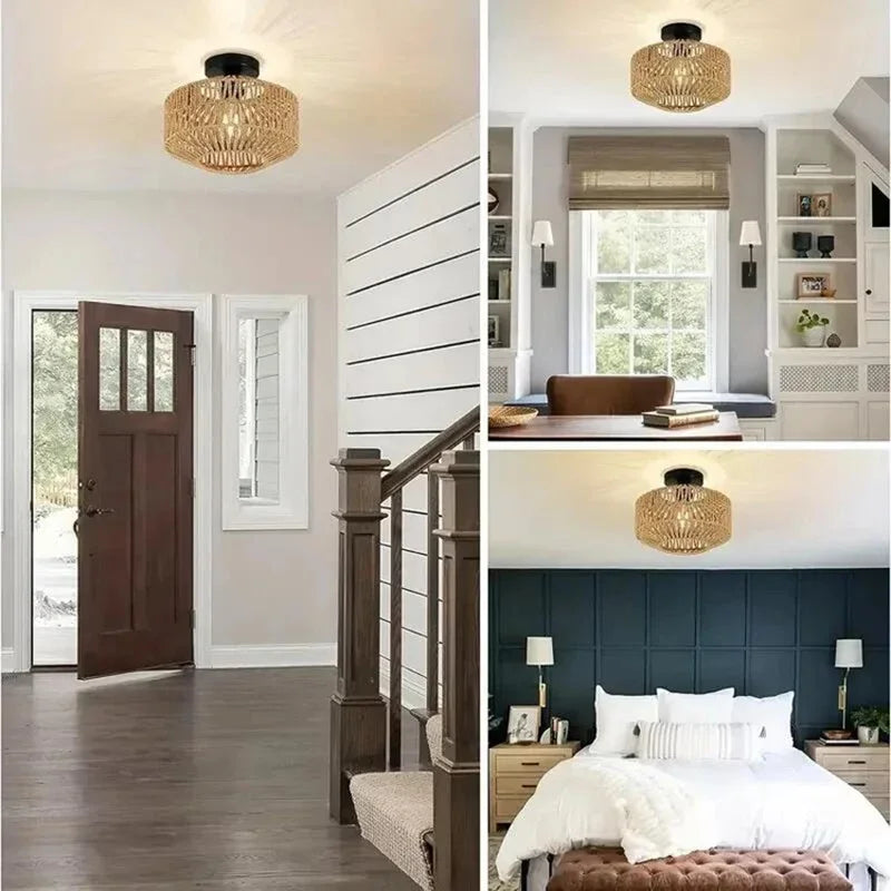 Luminaire plafonnier en rotin vue de plusieurs pièces