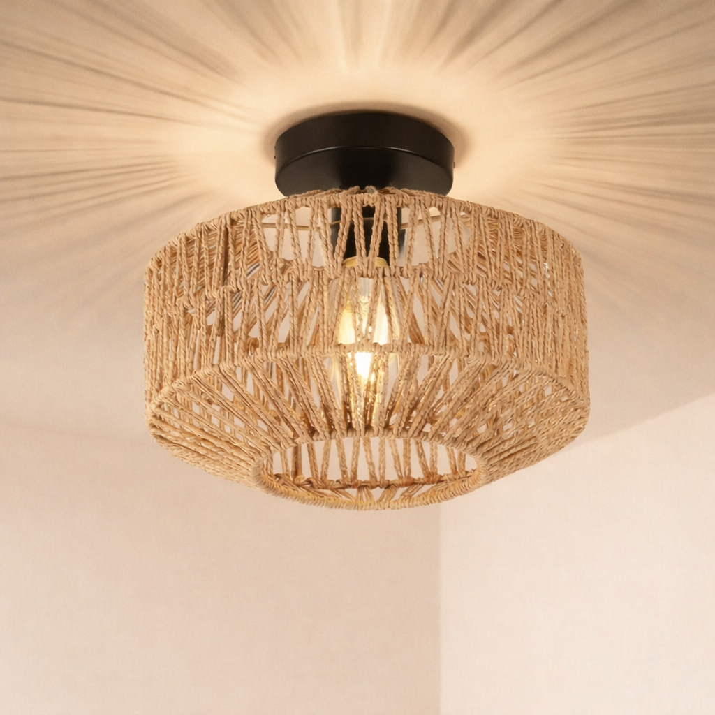 Luminaire plafonnier en rotin vue de pres