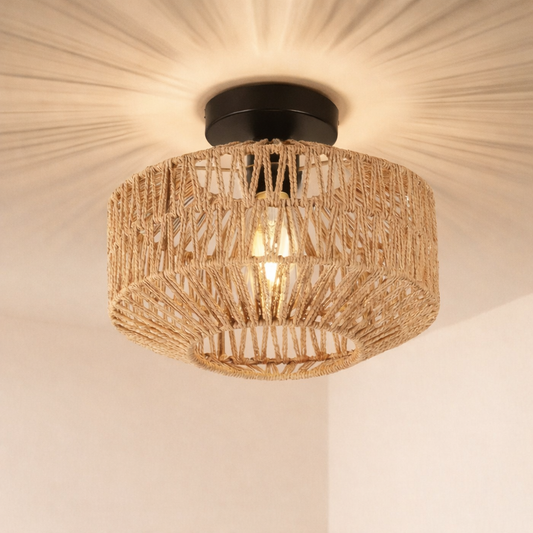 Luminaire plafonnier en rotin vue de pres