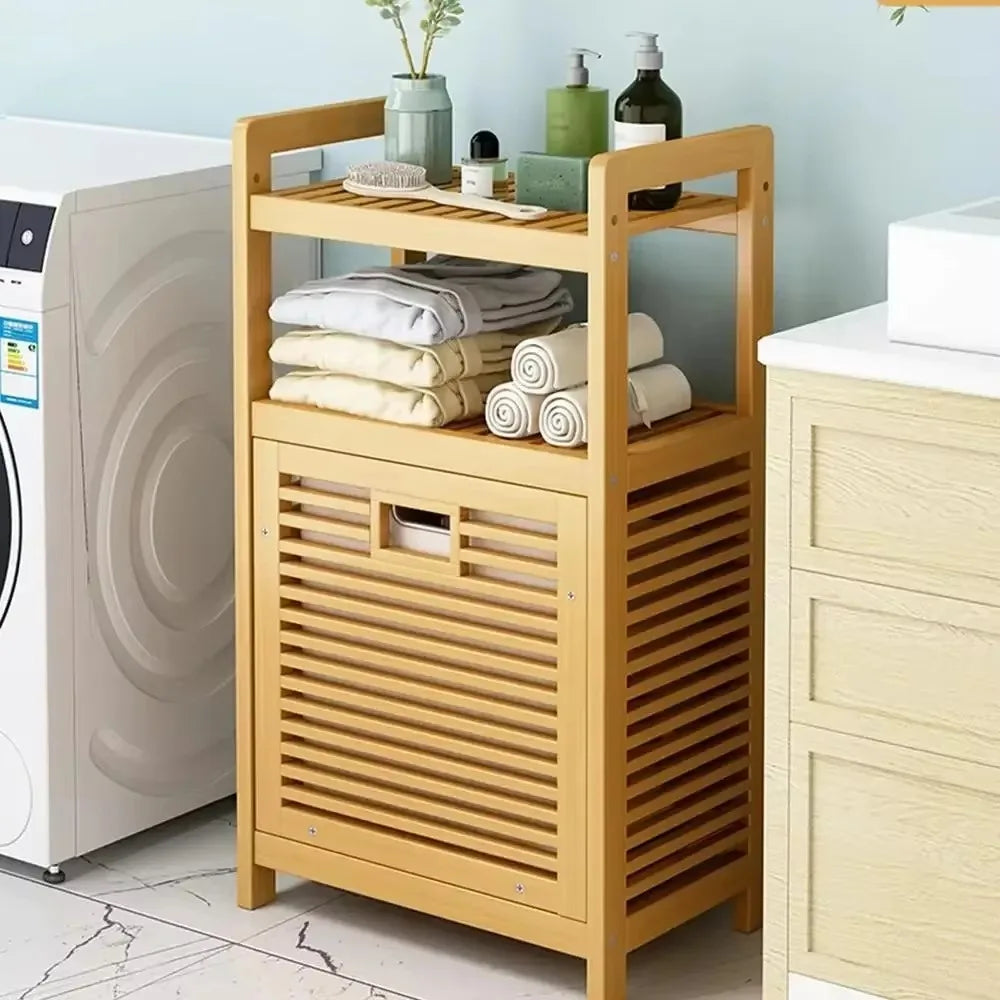 Meuble de rangement salle de bain en bambou avec accessoires bain