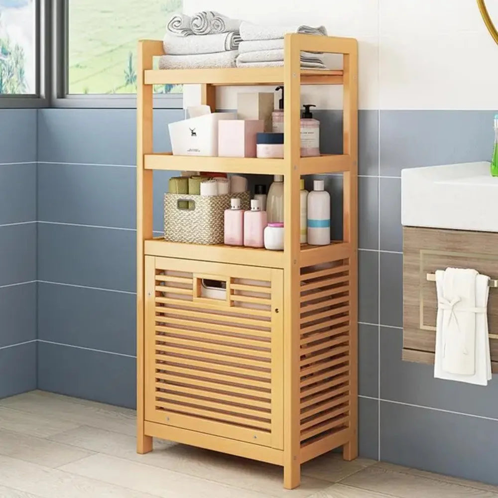 Meuble de rangement salle de bain en bambou avec linge de bain