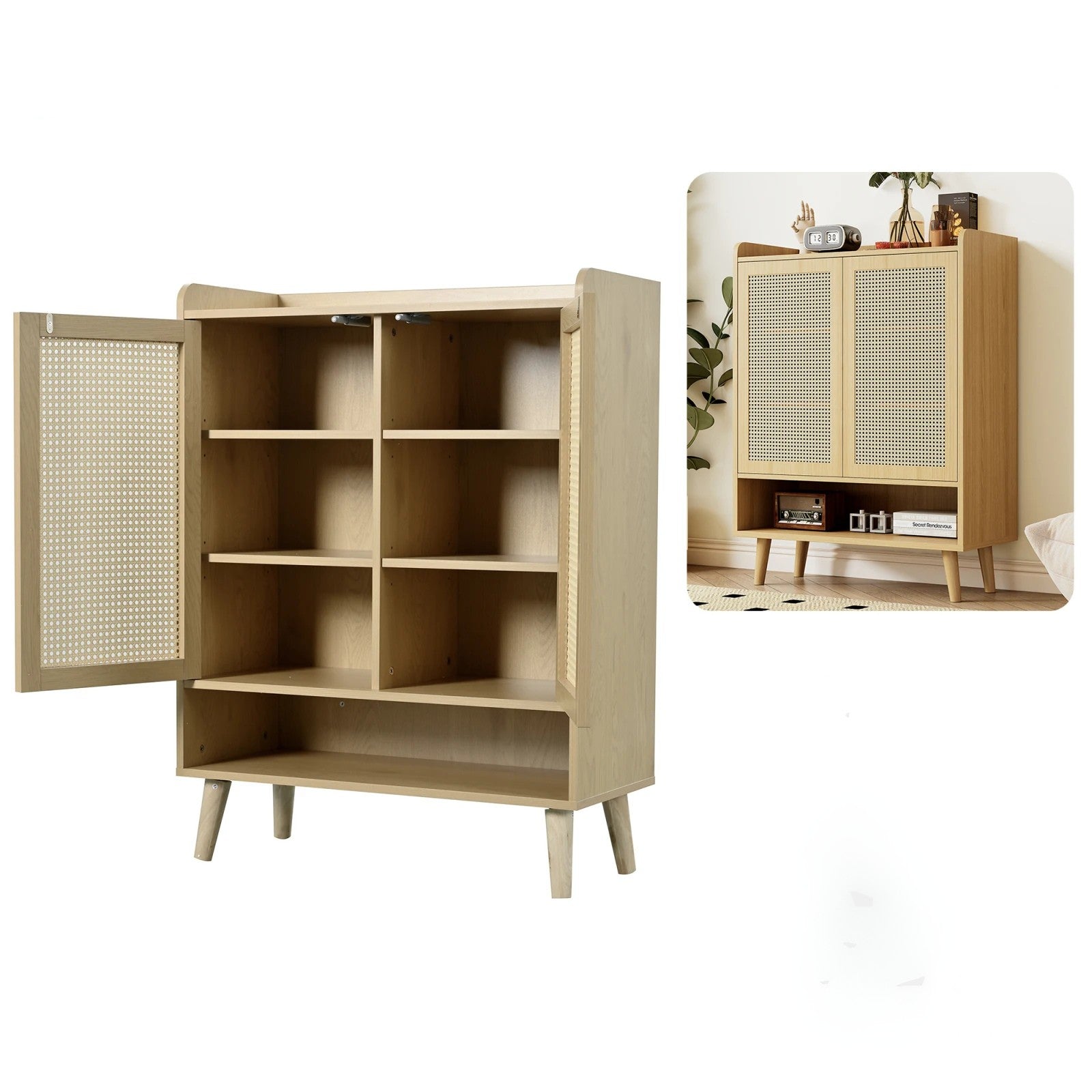 Meuble en rotin vue fermé et ouvert