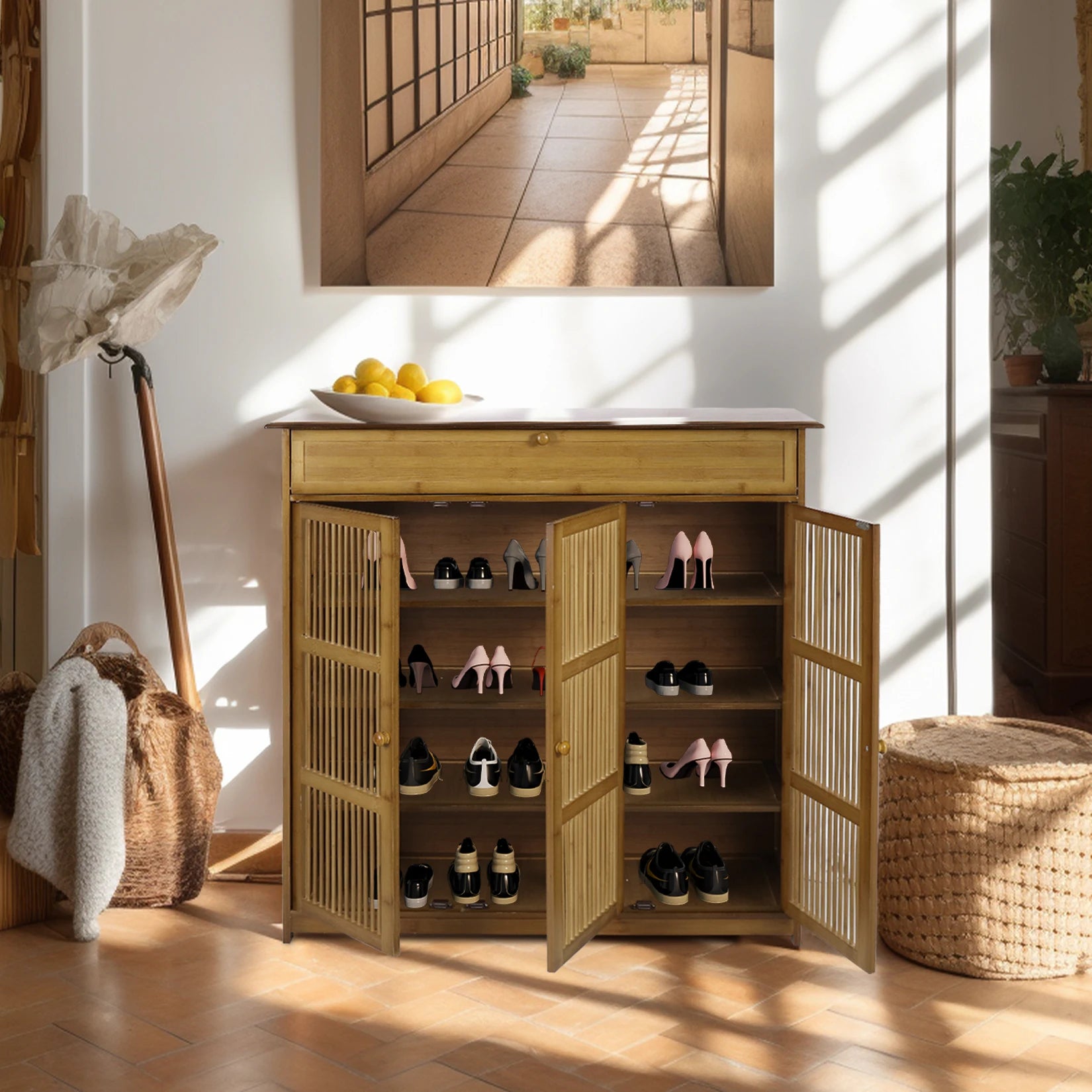Meuble pour chaussures en bambou portes ouvertes