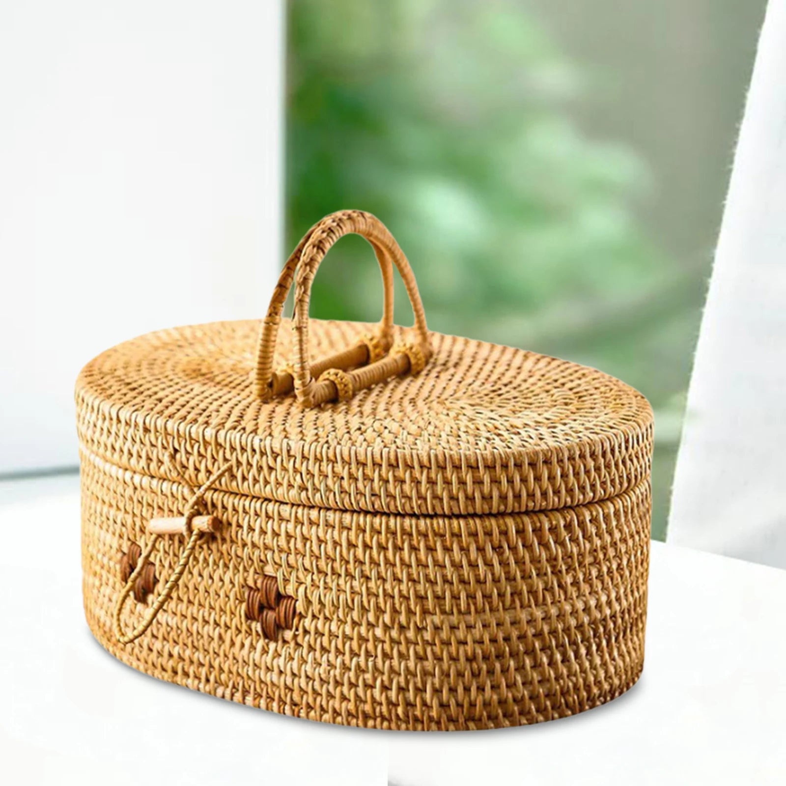 Panier avec couvercle en rotin fermé