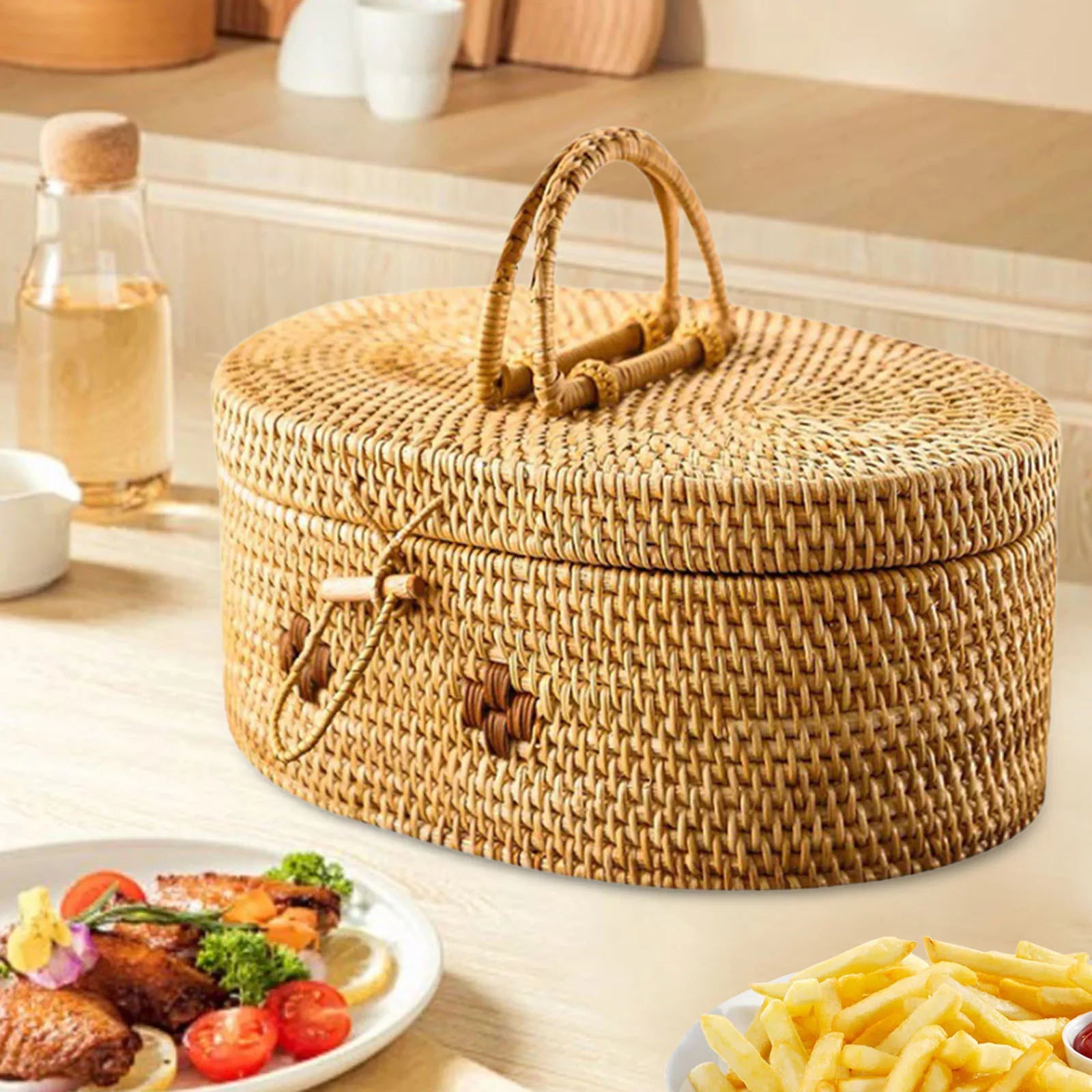Panier avec couvercle en rotin ovale