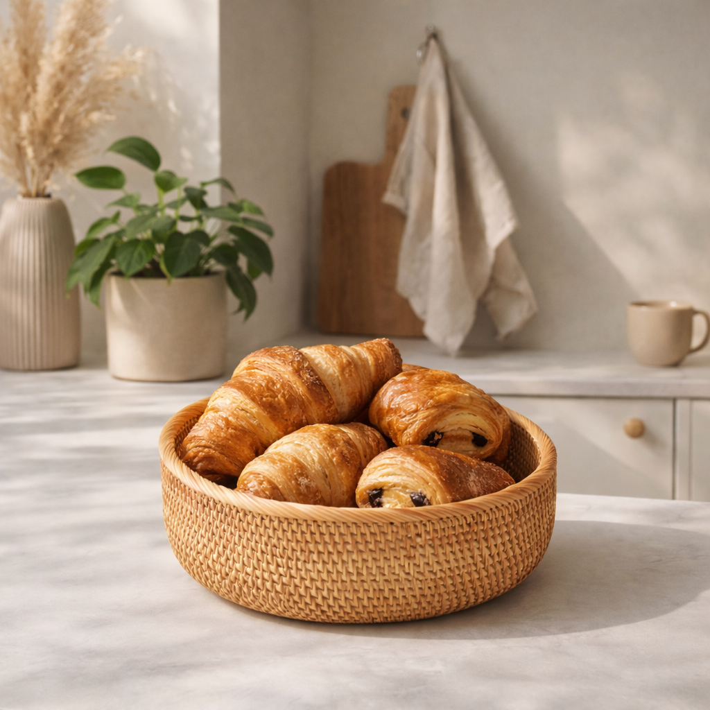 Panier rond en rotin tresse avec viennoiseries