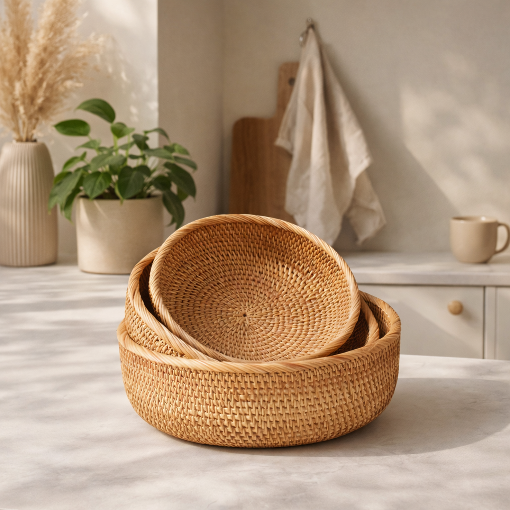 Panier rond en rotin tresse sur plan de travail cuisine