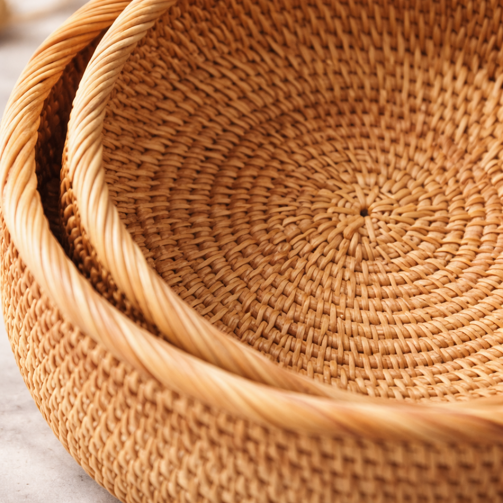 Panier rond en rotin tresse vue macro