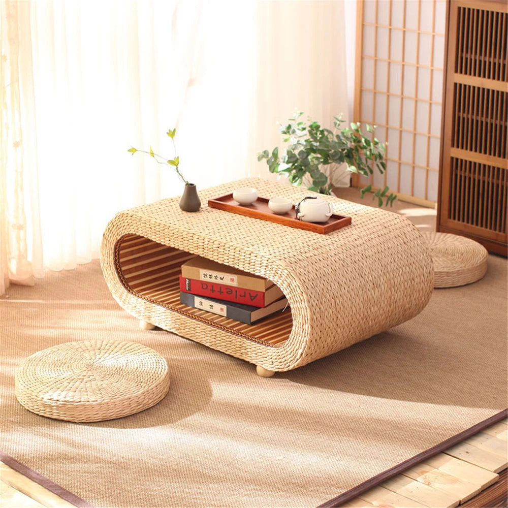 Pouf rond en rotin avec table basse