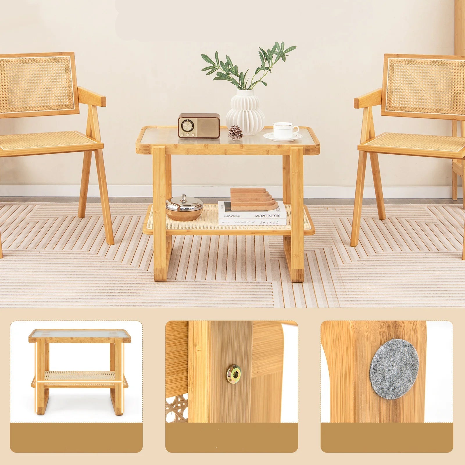 Table basse  en rotin et bambou dans salon