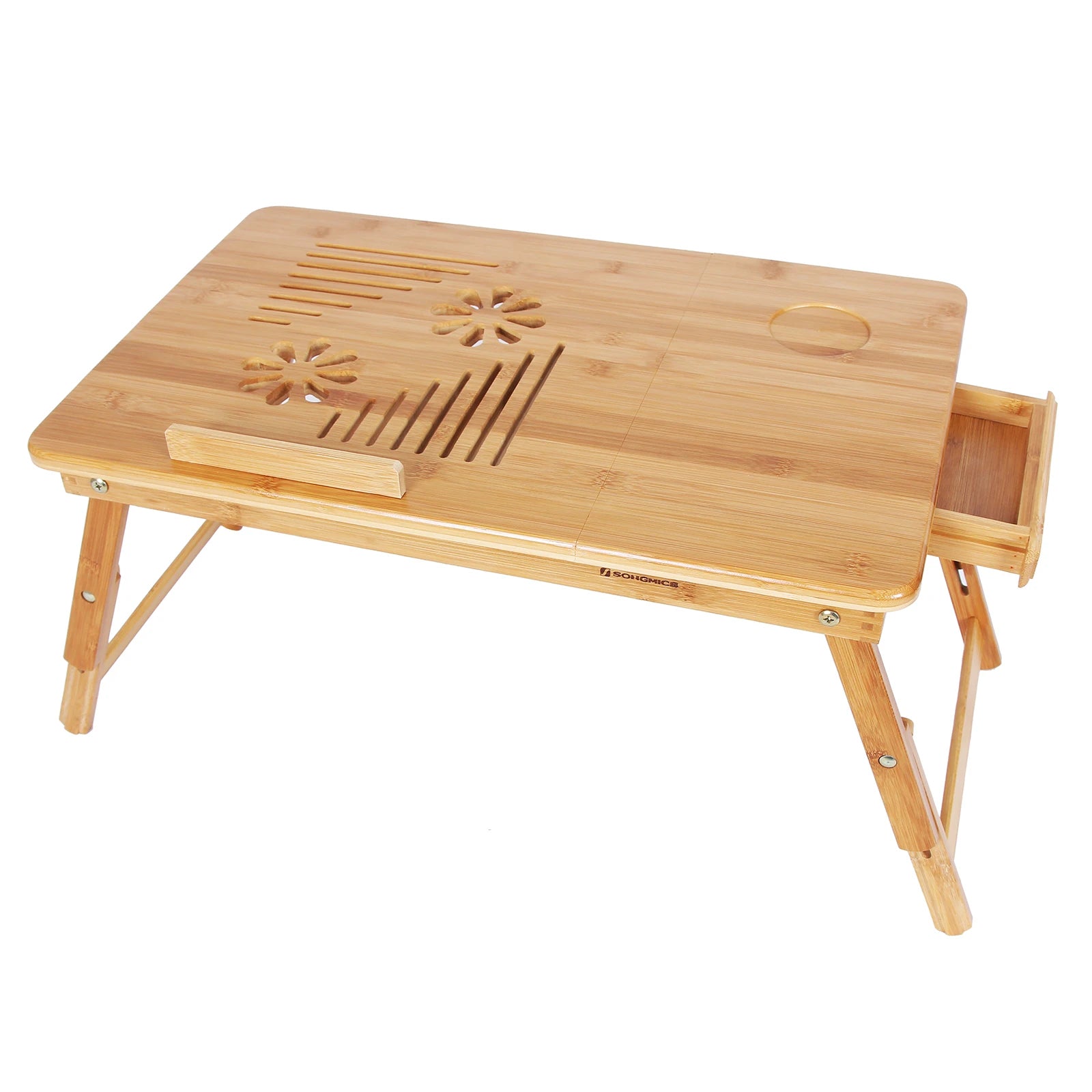 Table bureau pliable en bambou et tiroir ouvert