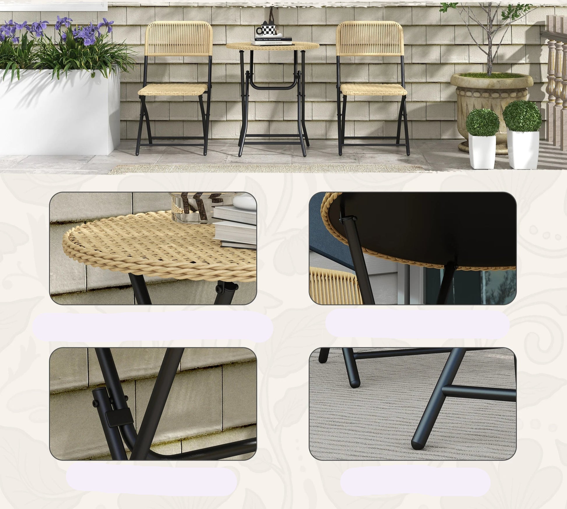 Table et chaises de jardin pliantes en rotin détail