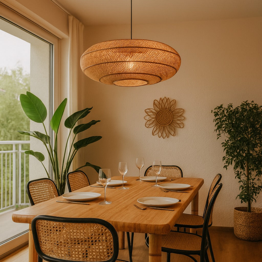 Luminaire en rotin au dessus d'un table à manger